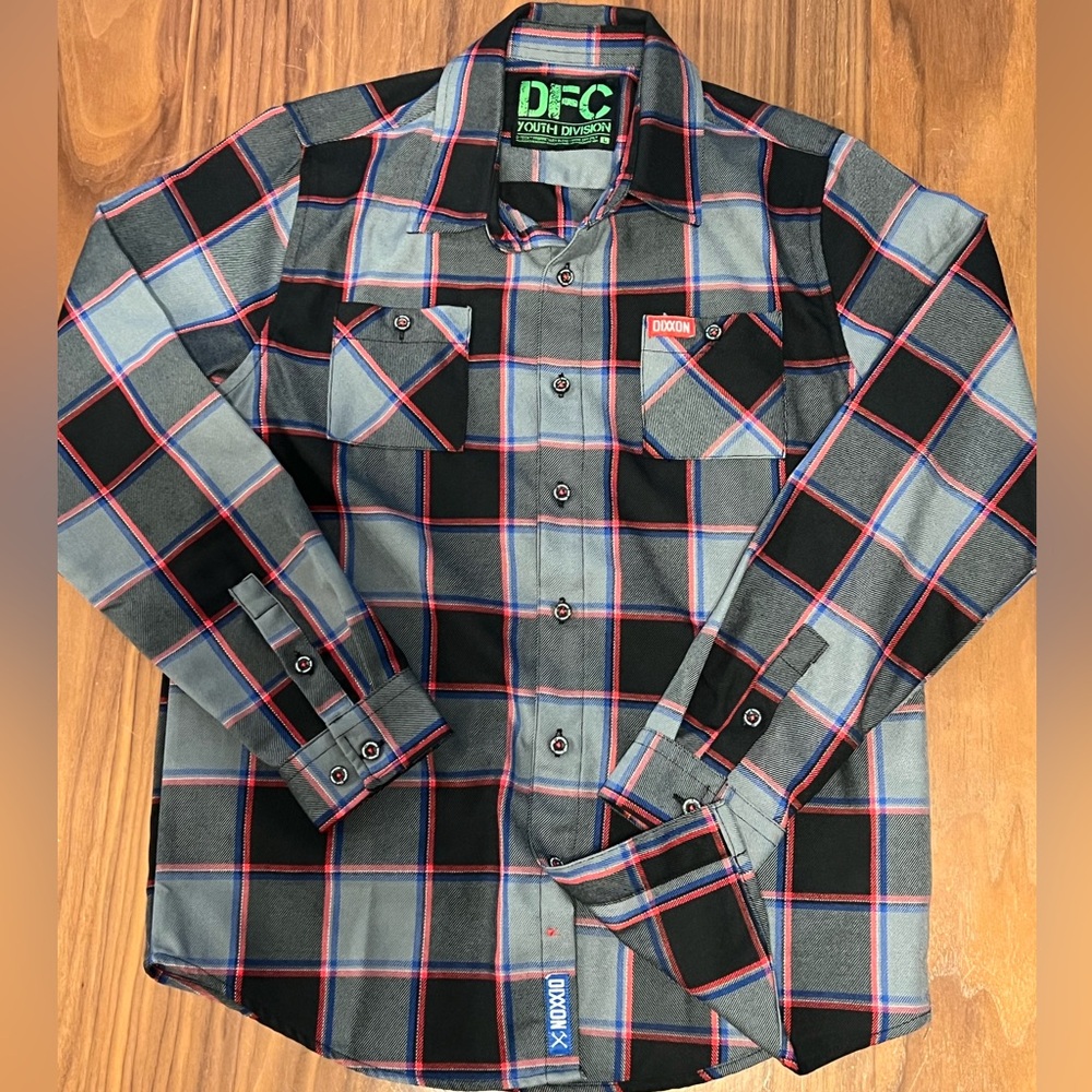 DIXXON Youth Black and Gray Plaid Flannel Button Down Shirt